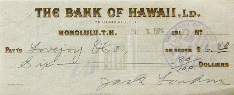 «Jack London Bank of Hawaii signed check, type 3»